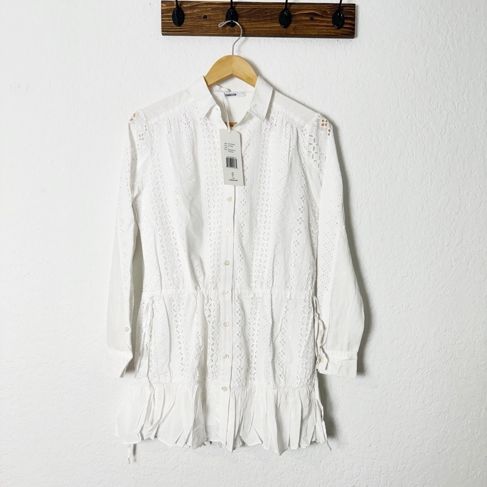 NWT Thakoon White Eyelet Lace Ruffled Hem Button Down Cotton Silk Mini Dress